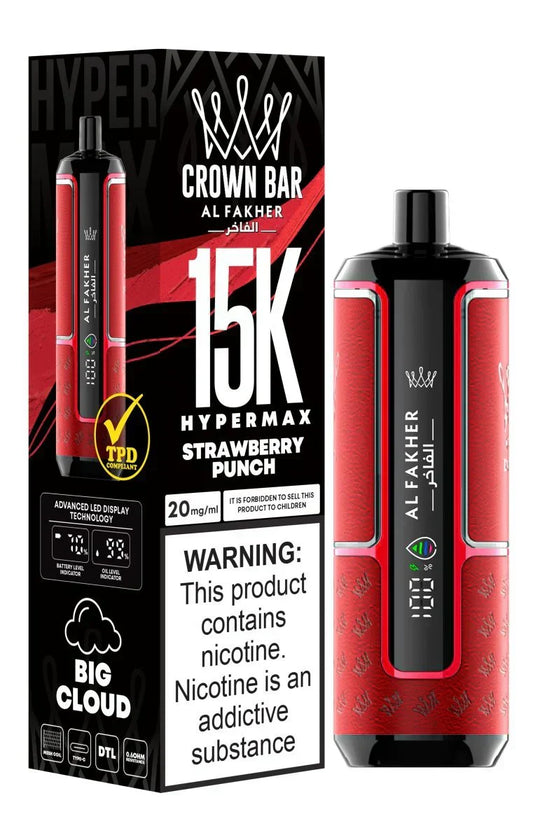 Al Fakher Crown Bar Hypermax STRAWBERRY Punch  15000 Peach Ice disposable vape 0.6mg mesh coil DTL Dubai UAE