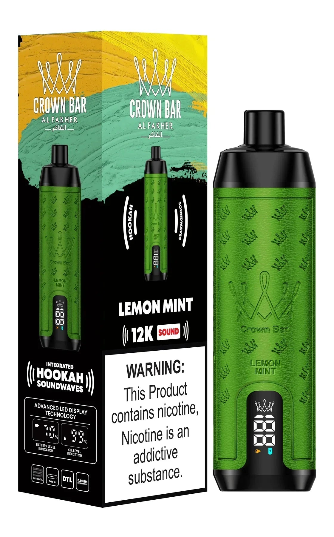Crown Bar Al Fakher Lemon Mint 12000 puffs disposable vape with LED display Dubai