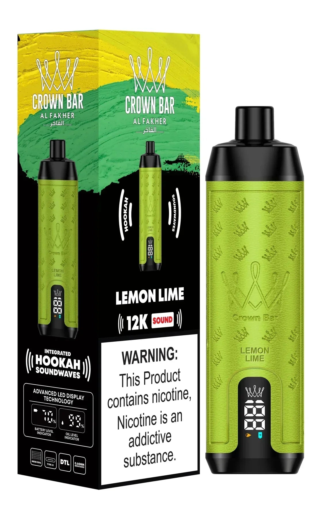 Crown Bar Al Fakher Lemon lime 12000 puffs disposable vape with LED display Dubai