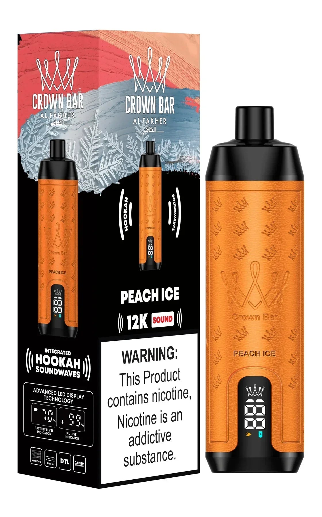 Crown Bar Al Fakher Peach ice 12000 puffs disposable vape with LED display 