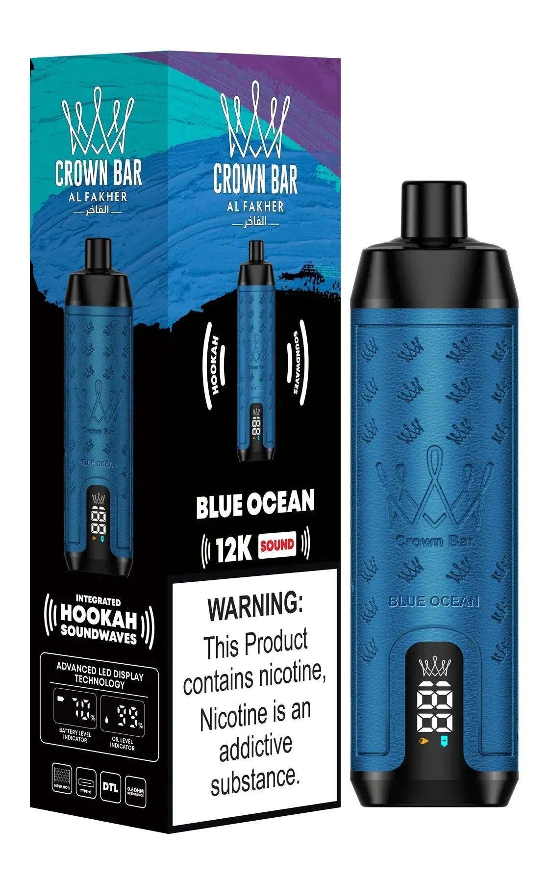 Crown Bar Al Fakher blue ocean 12000 puffs disposable vape with LED display Dubai